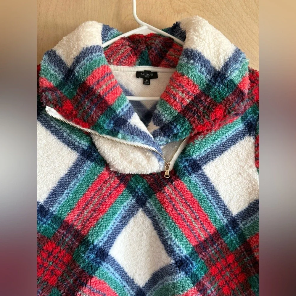 Talbots Ultra Plush Sherpa Fleece Top Zip Blue Green Plaid Women’s Med Petite